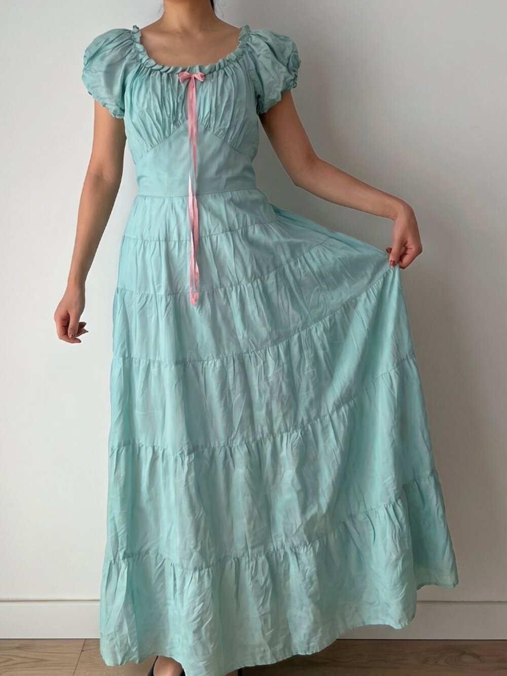 1930s gorgeous robin's egg blue Satin Rayon  Ruched  maxi dress